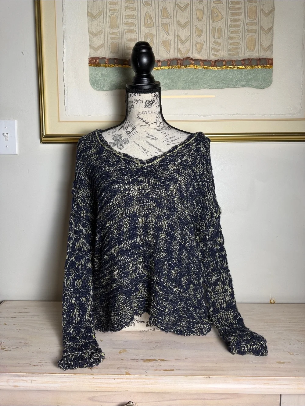 Free People Marled Navy and Cream V-Neck Sweater